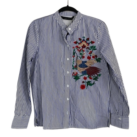 Zara striped embroidered long sleeve button down blouse - Picture 1 of 6